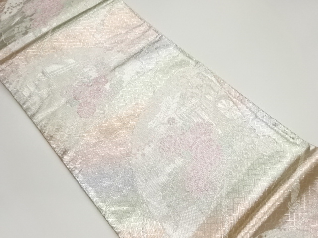 佐賀錦扇に御所車・建物・草花模様織出し袋帯